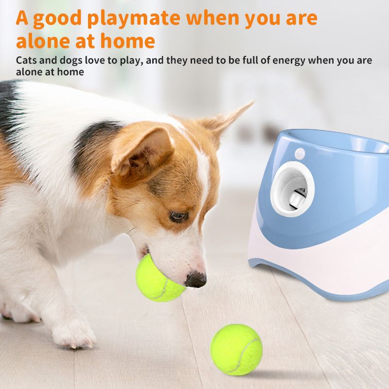 Rechargeable automatic tennis ball launcher for pets. Includes 3 balls, promotes interactive play.