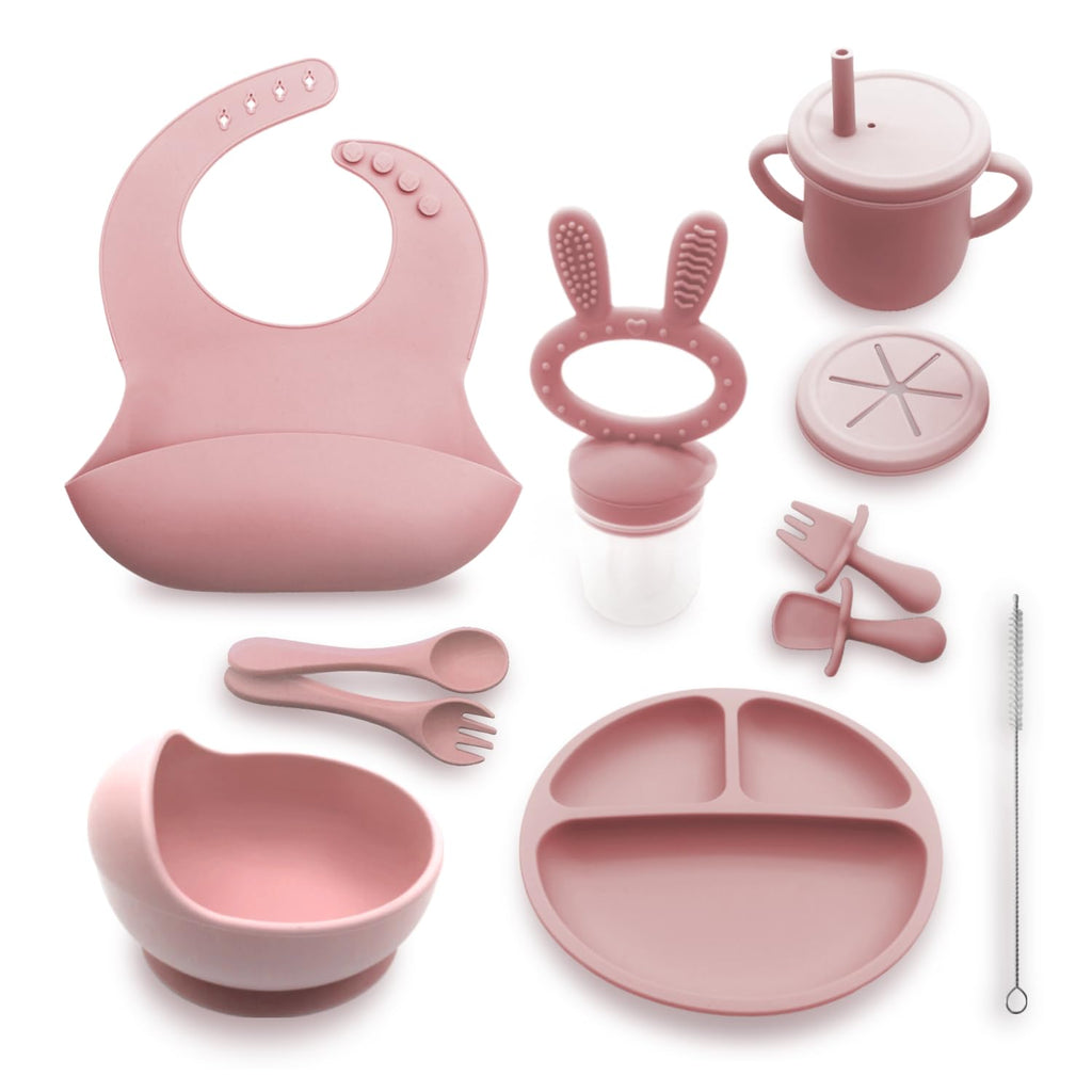 Generic Silicone Baby Feeding Set Baby Plates and Bowls Set Suction Plates for Baby Baby Feeding Essentials Baby Led Weaning Supplies Baby Plates with Suction Baby Utensils (Rose Pink) Regular