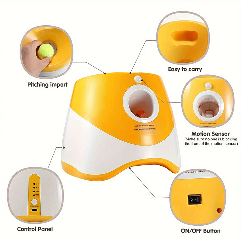 Rechargeable automatic tennis ball launcher for pets. Includes 3 balls, promotes interactive play.